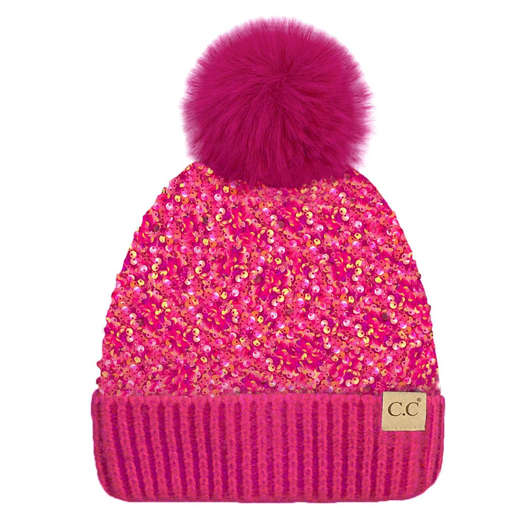 Kid's Glitter Sequined Beanie with Pom Pom