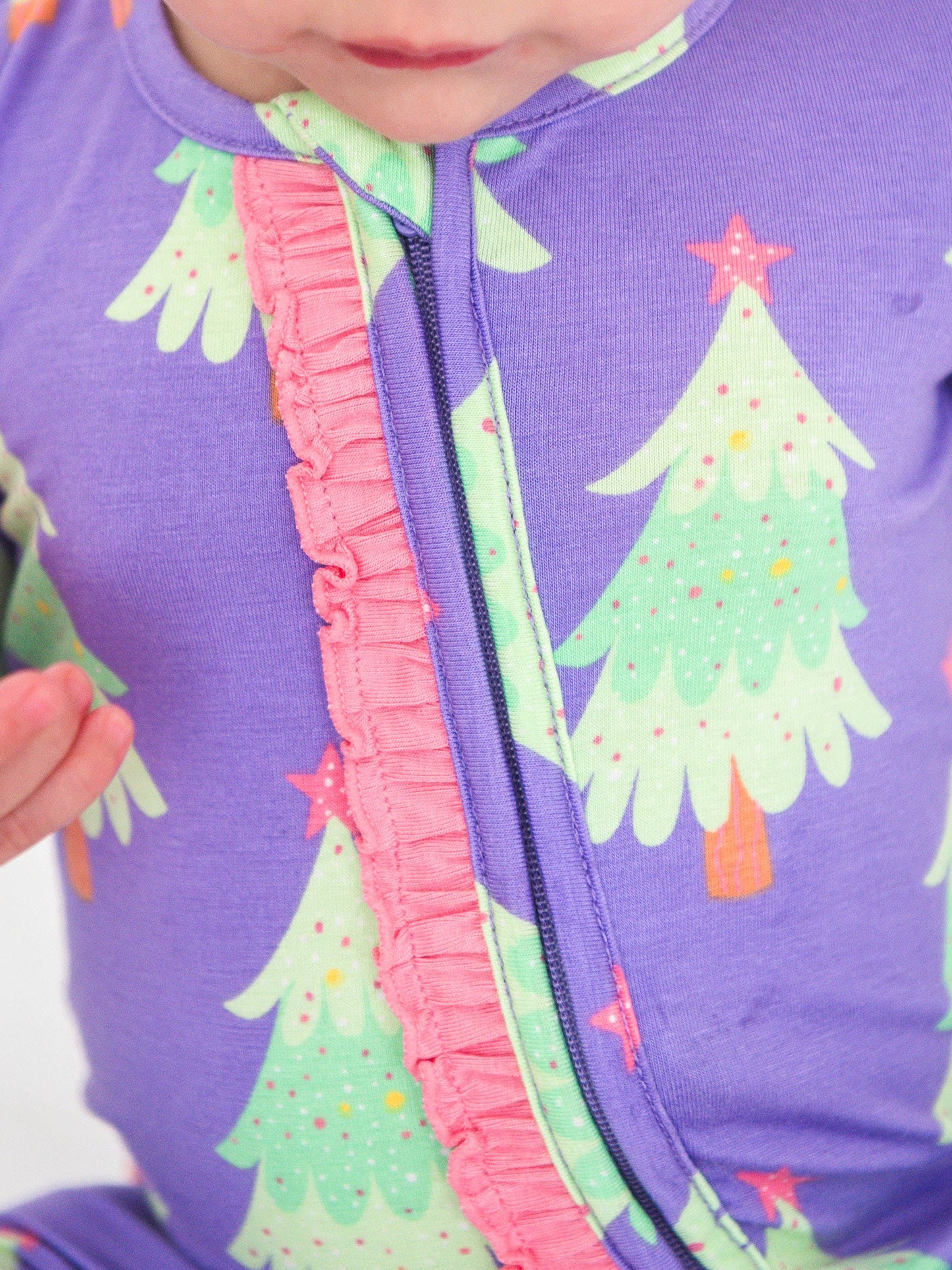 SoftSnooze™ Baby Girls Bamboo Viscose Purple Twinkling Trees Convertible Ruffle One Piece Footie Pajama