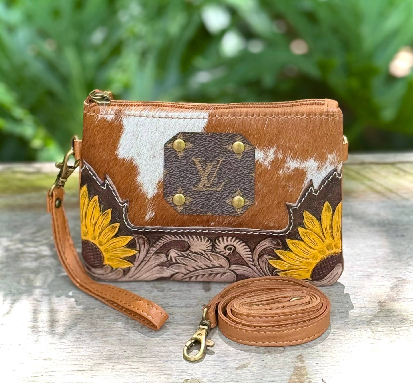 Upcycled LV Cowhide Leather Crossbody Wristlet Bag Western