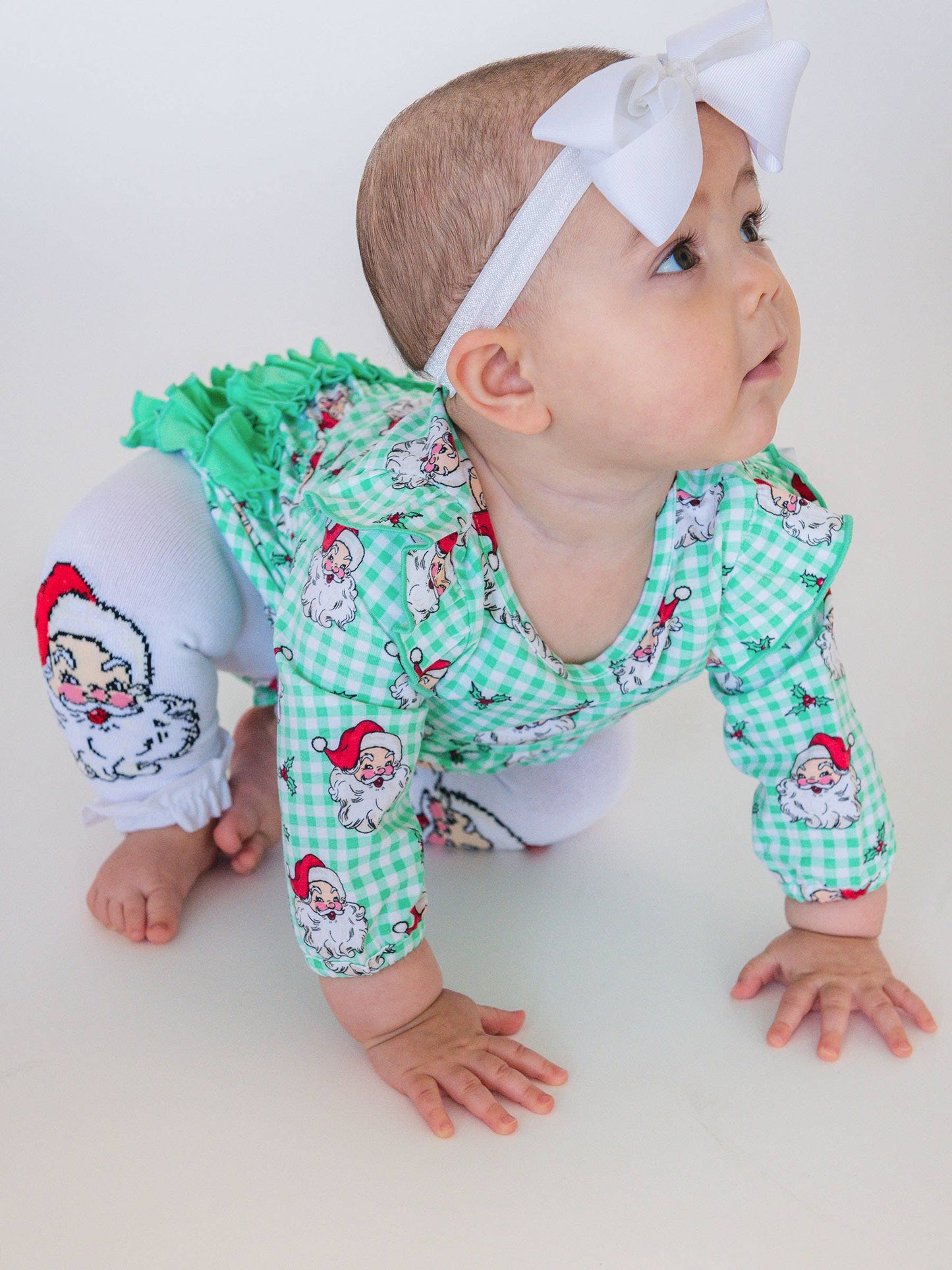 Baby Girls Green Dear Santa Knit Long Sleeve Flutter Bubble Romper