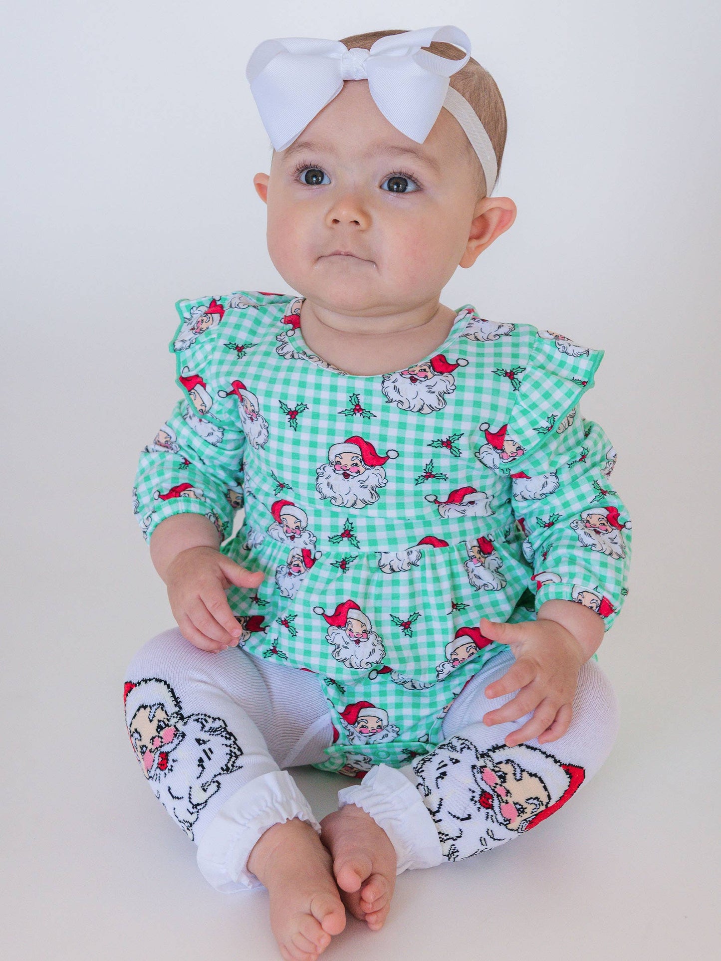Baby Girls Green Dear Santa Knit Long Sleeve Flutter Bubble Romper