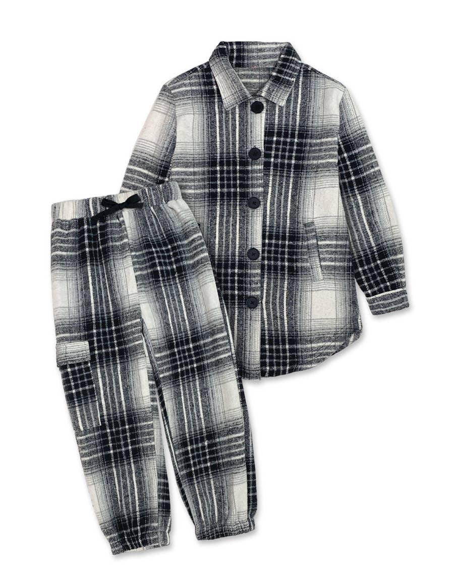 GKSS-3124B-M206 Girl's 2 pc Plaid Flannel Shacket + Pant Set