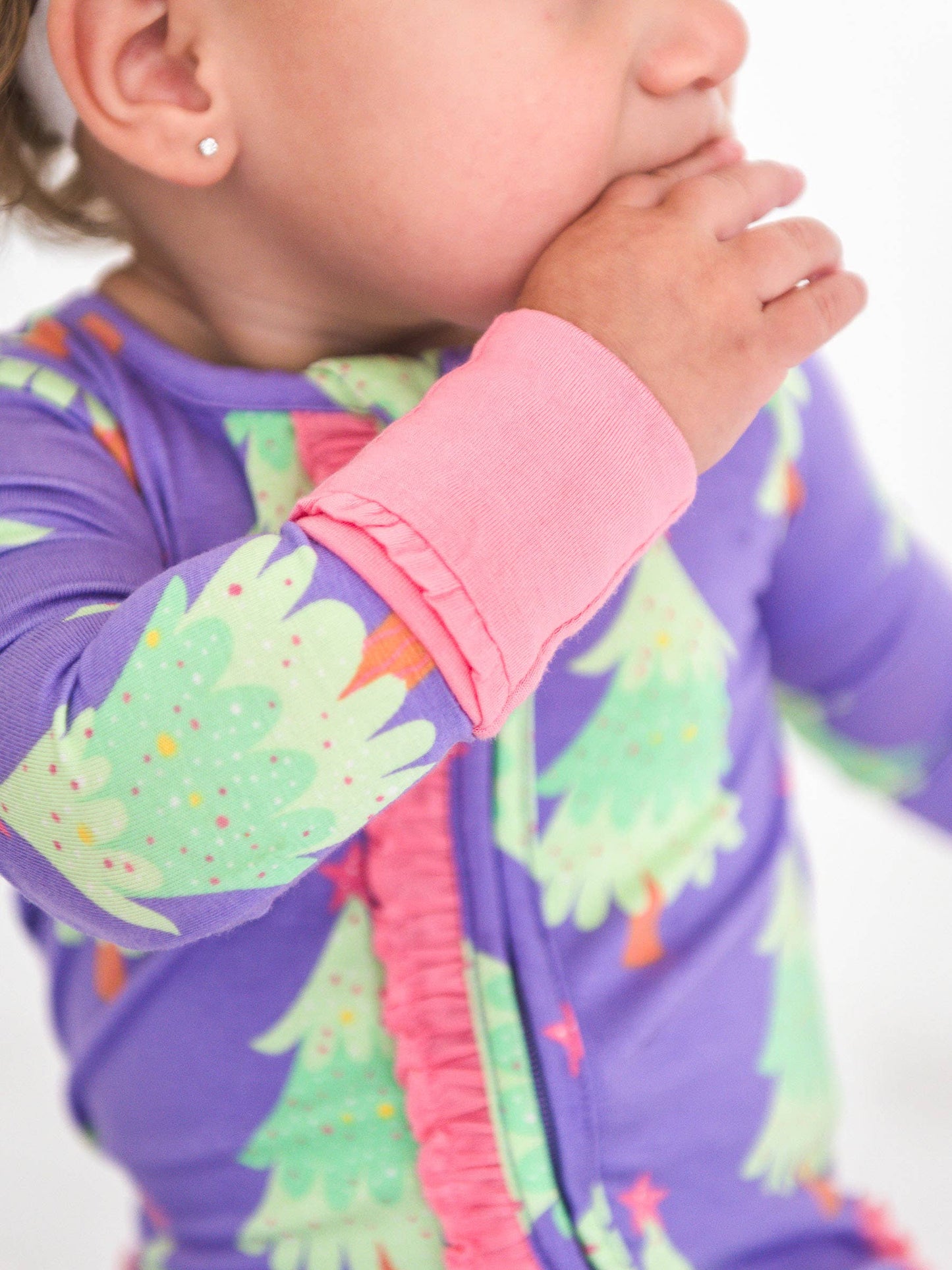 SoftSnooze™ Baby Girls Bamboo Viscose Purple Twinkling Trees Convertible Ruffle One Piece Footie Pajama