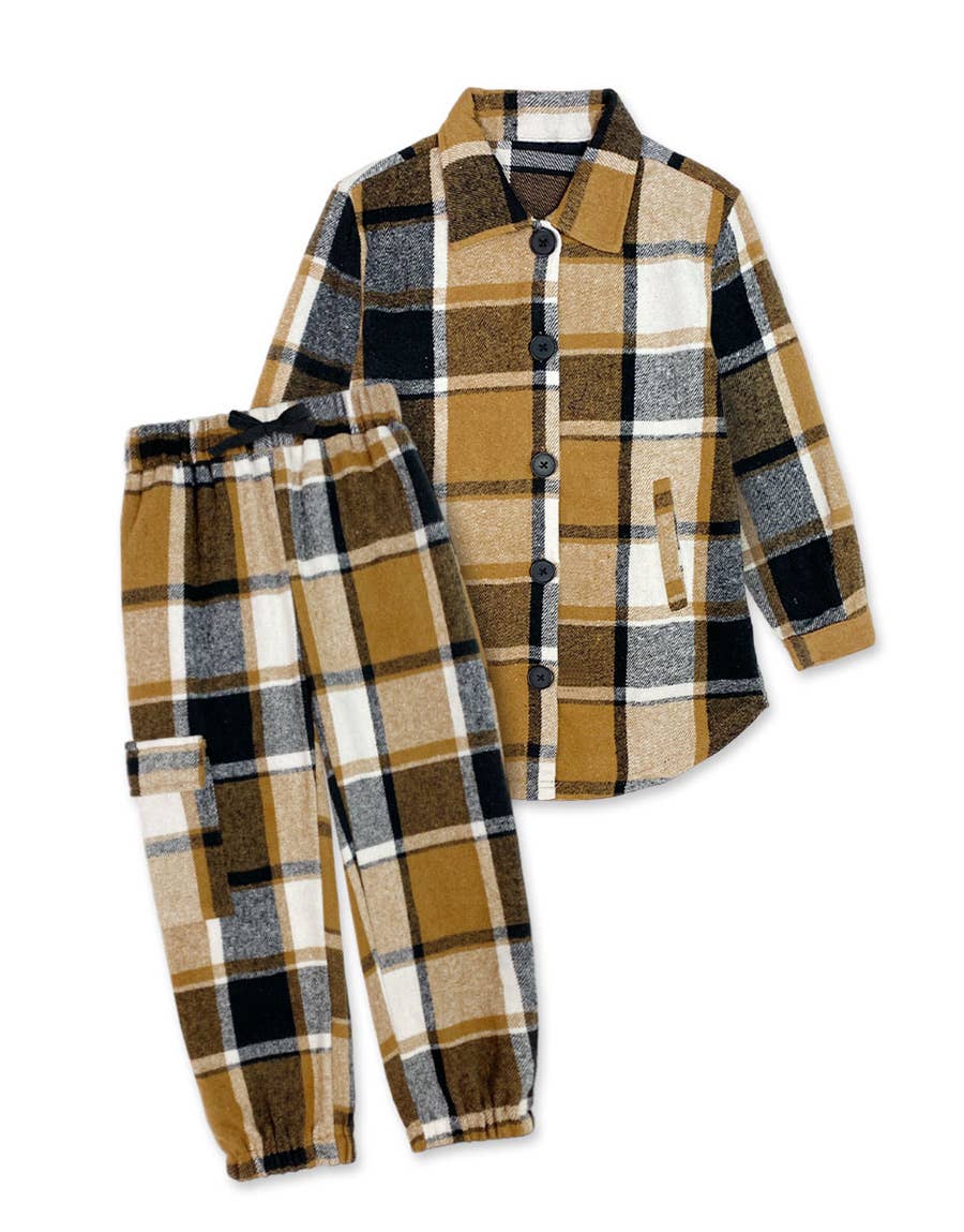 TKSS-3120T-M203 Toddlers 2 pc Plaid Flannel Shacket+Pant Set