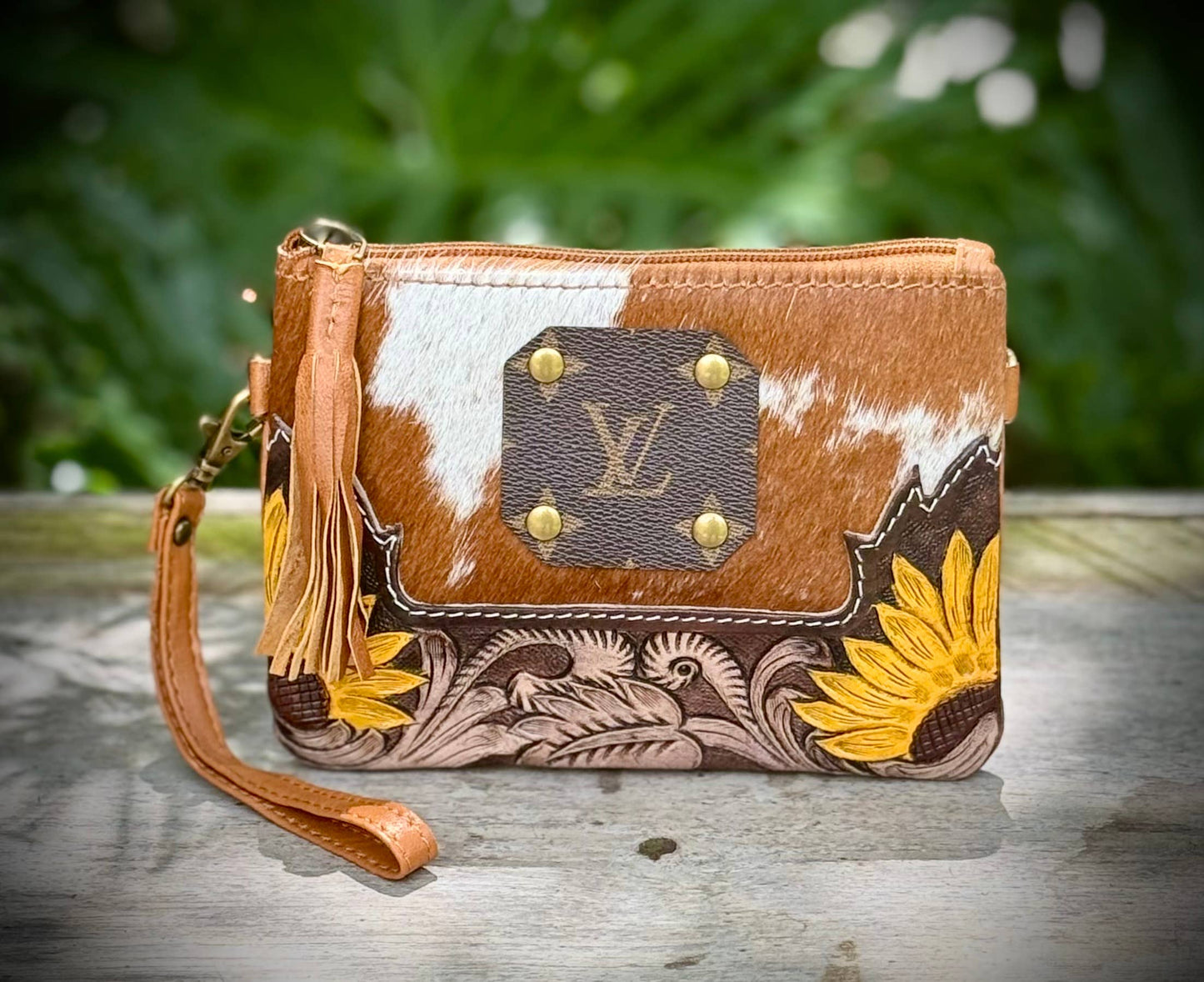 Upcycled LV Cowhide Leather Crossbody Wristlet Bag Western