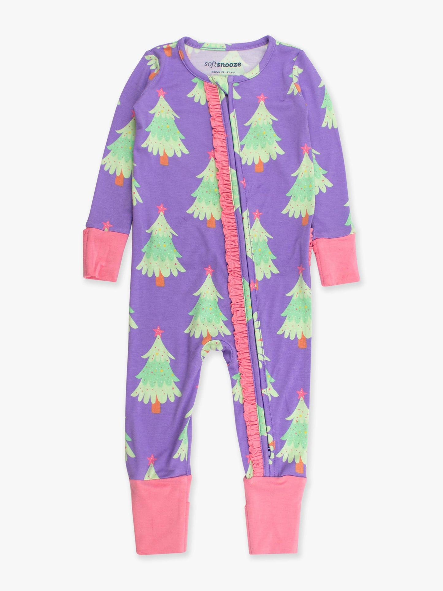 SoftSnooze™ Baby Girls Bamboo Viscose Purple Twinkling Trees Convertible Ruffle One Piece Footie Pajama