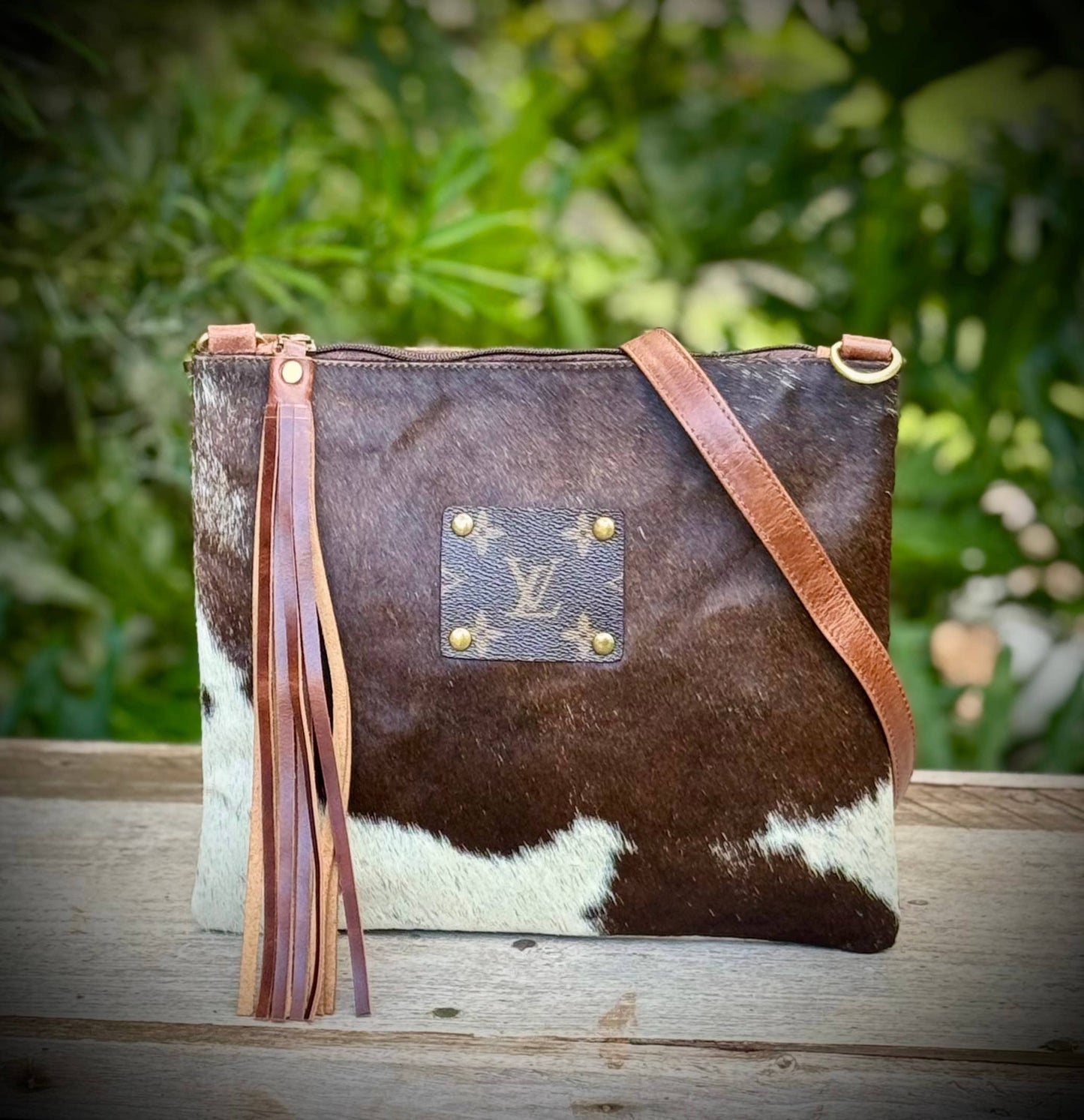 Upcycled LV Cowhide Leather Crossbody Bag Western