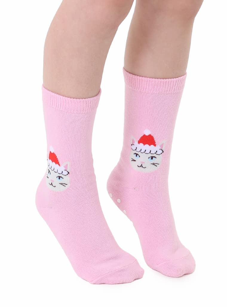 3D Packaged Crew Socks - Kids - Holiday - Santa Kitty -Pink
