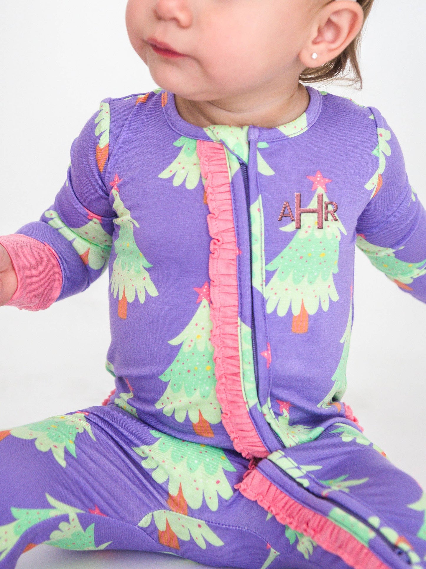 SoftSnooze™ Baby Girls Bamboo Viscose Purple Twinkling Trees Convertible Ruffle One Piece Footie Pajama