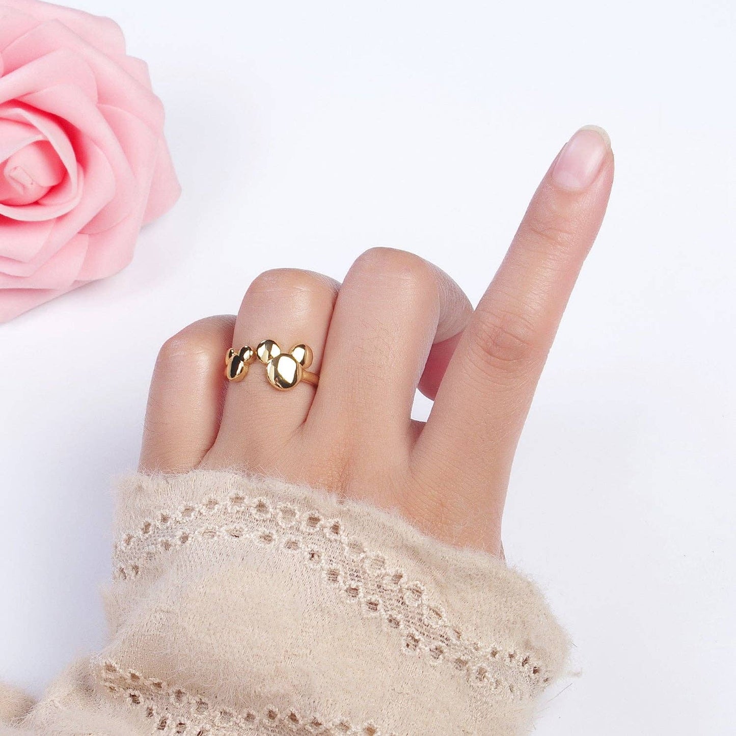 Double Cute Mouse Open Adjustable Gold Minimalist Ring | O-182