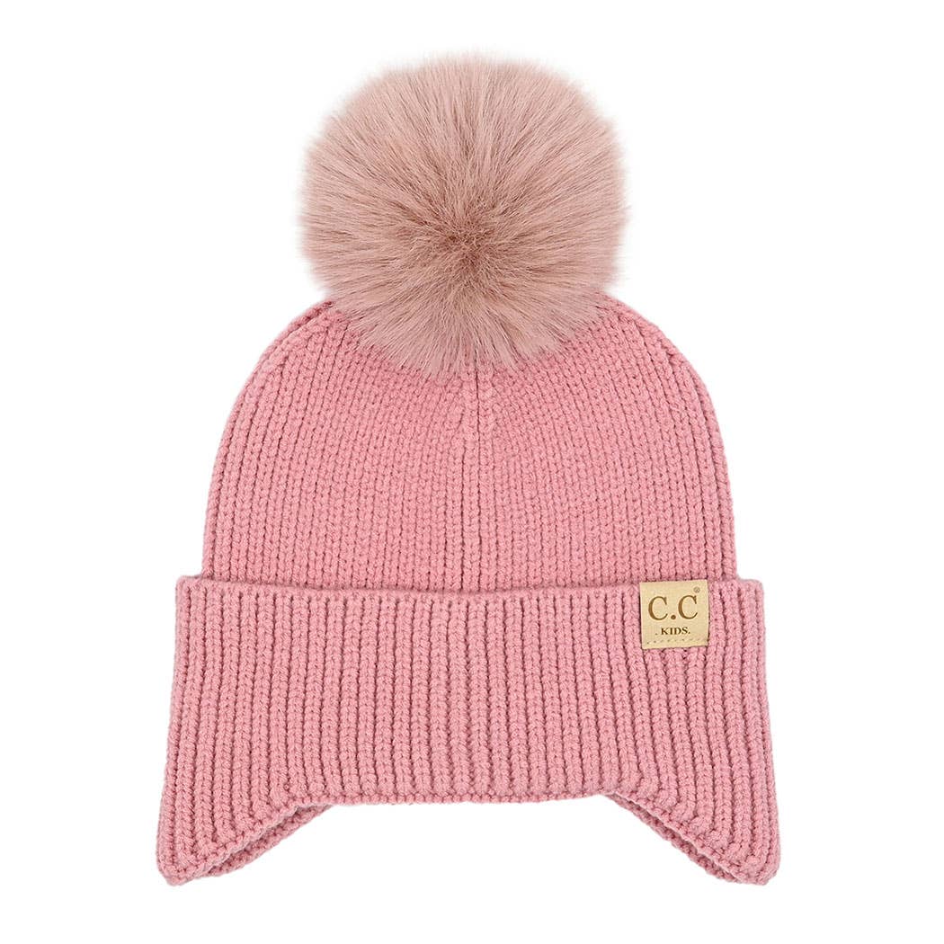 Kid's Ear Flap Solid Beanie with Pom Pom