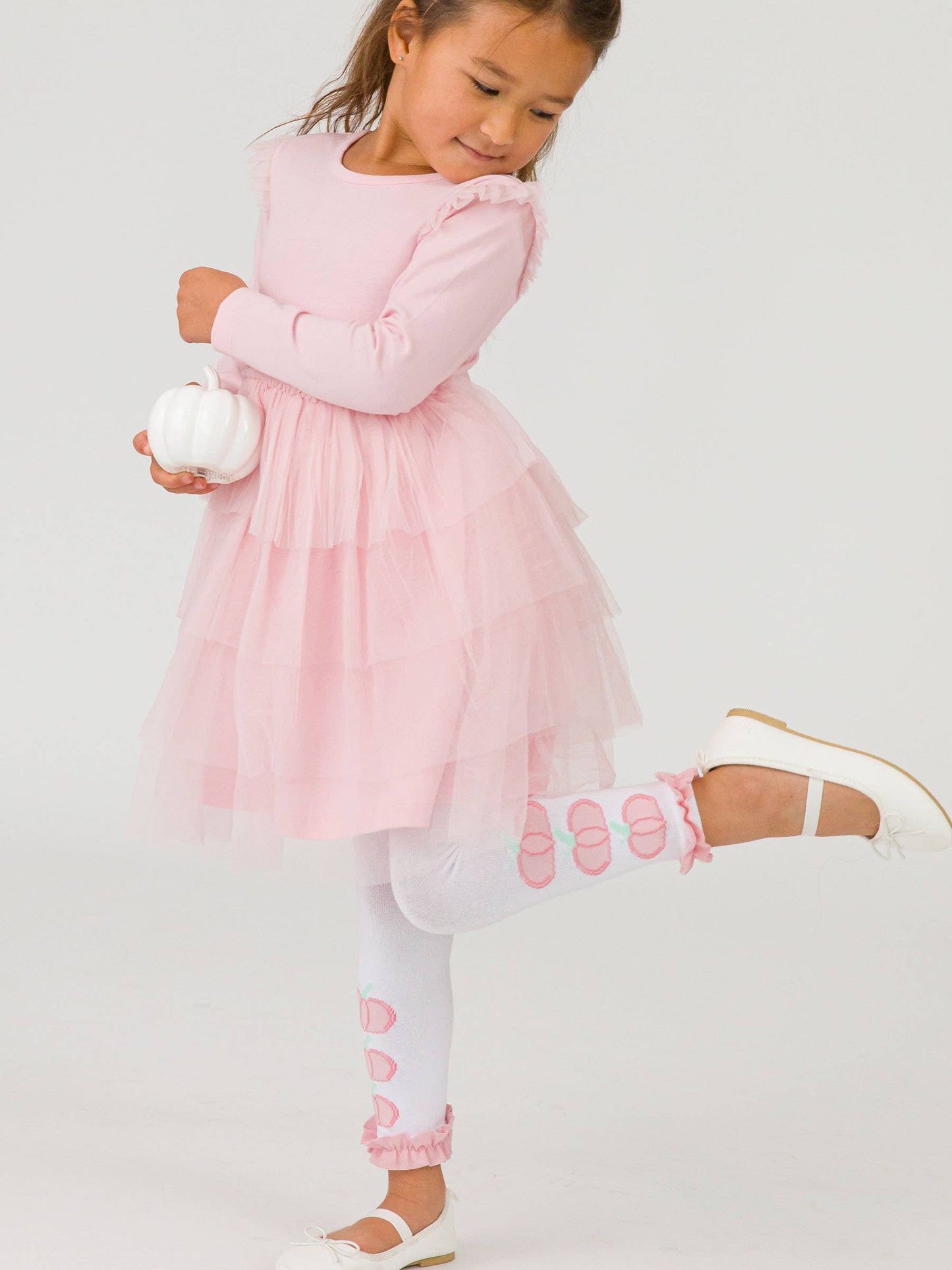 Girls Pink Pumpkin Pile Patterned Footless Ruffle Tights