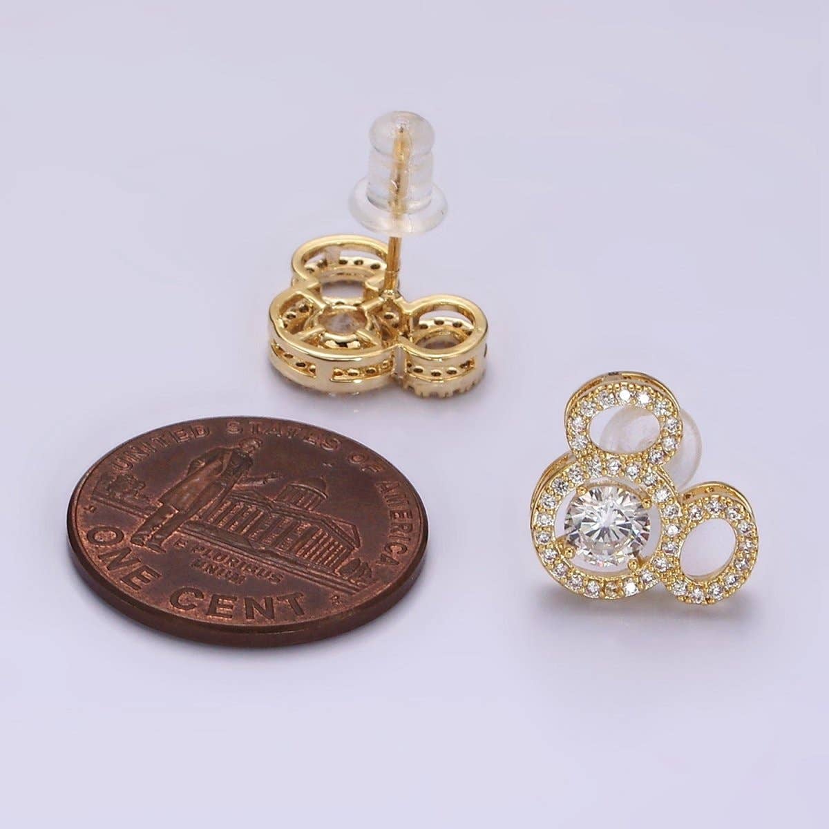 14K Gold Filled Triple Clear CZ Open Round Micro Paved Mouse Stud Earrings in Gold & Silver | V468 V469
