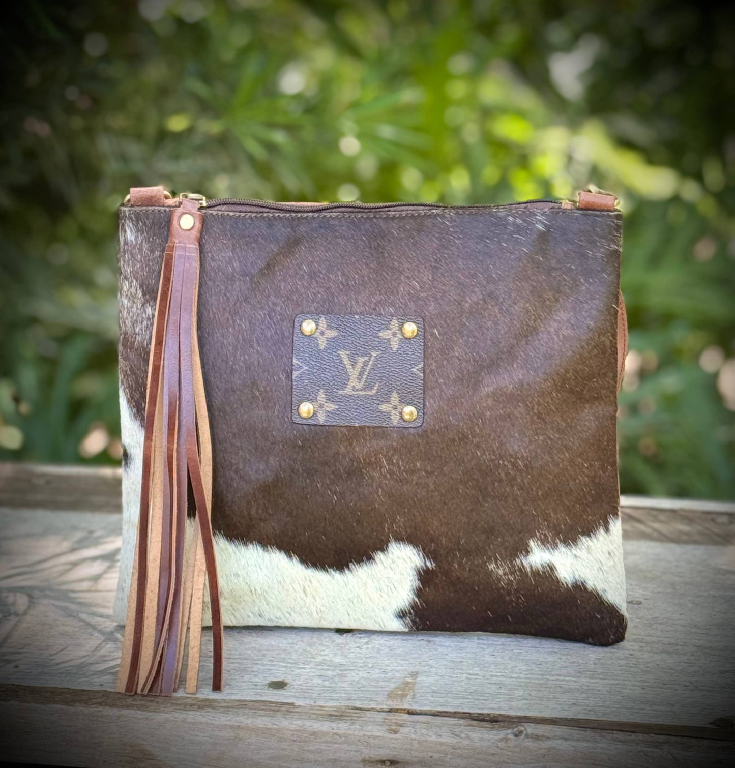 Upcycled LV Cowhide Leather Crossbody Bag Western