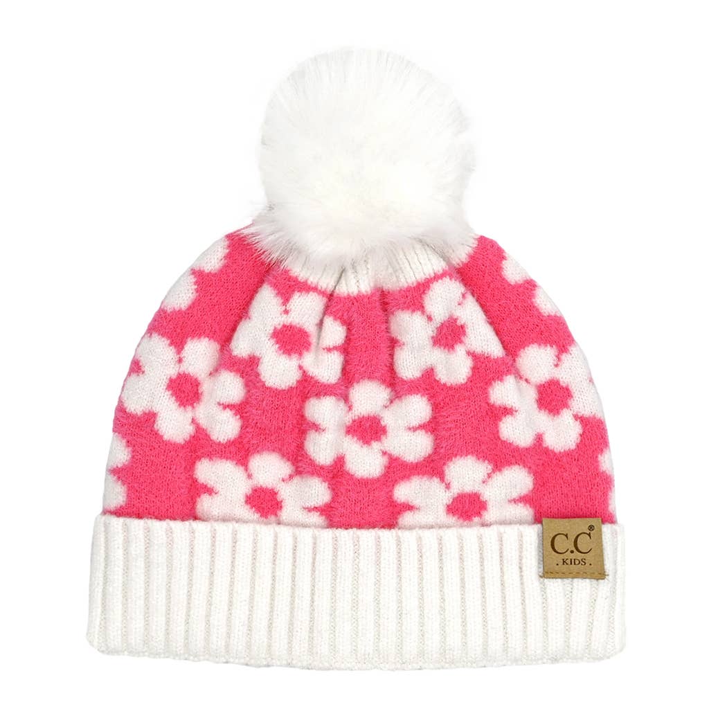 Kids' Daisy Pattern Cuff Beanie with Pom Pom