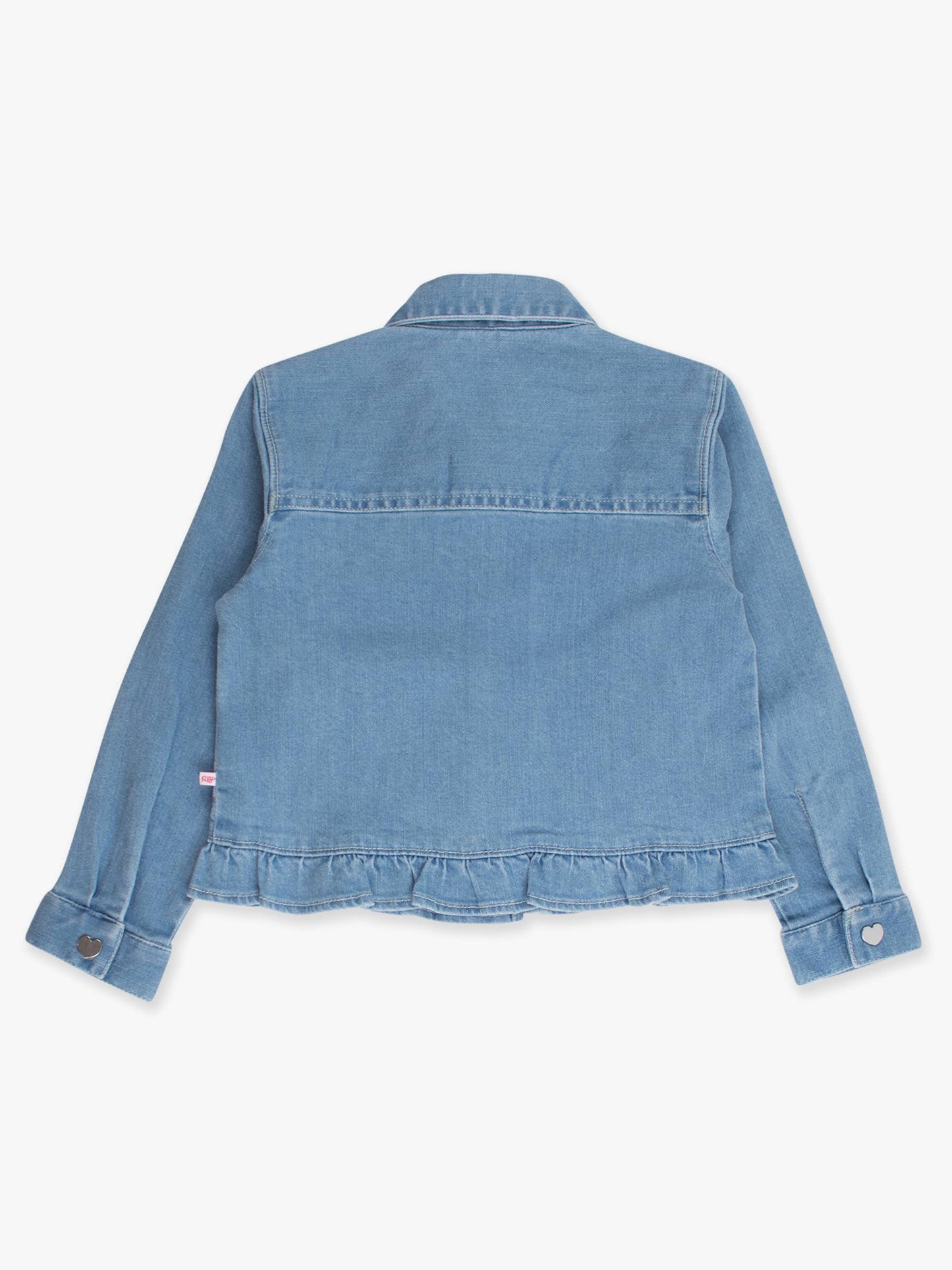 Girls Light Wash Denim Stretch Denim Ruffle Jean Jacket with Heart Buttons