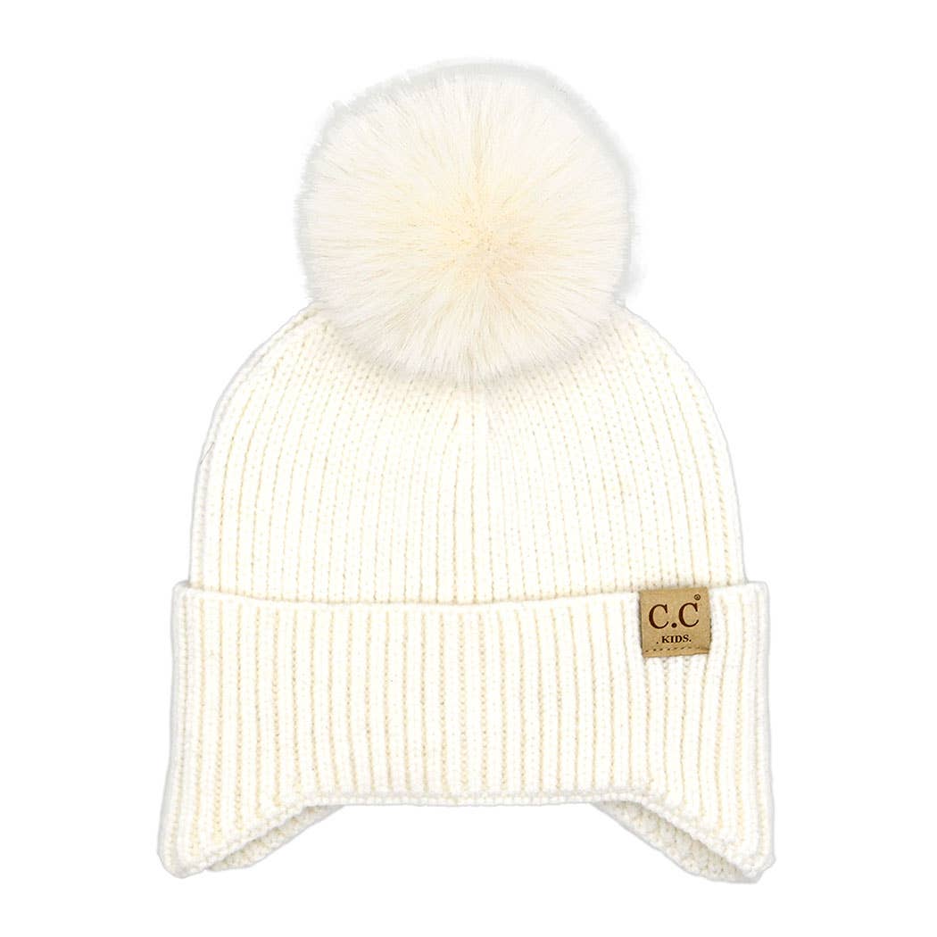 Kid's Ear Flap Solid Beanie with Pom Pom