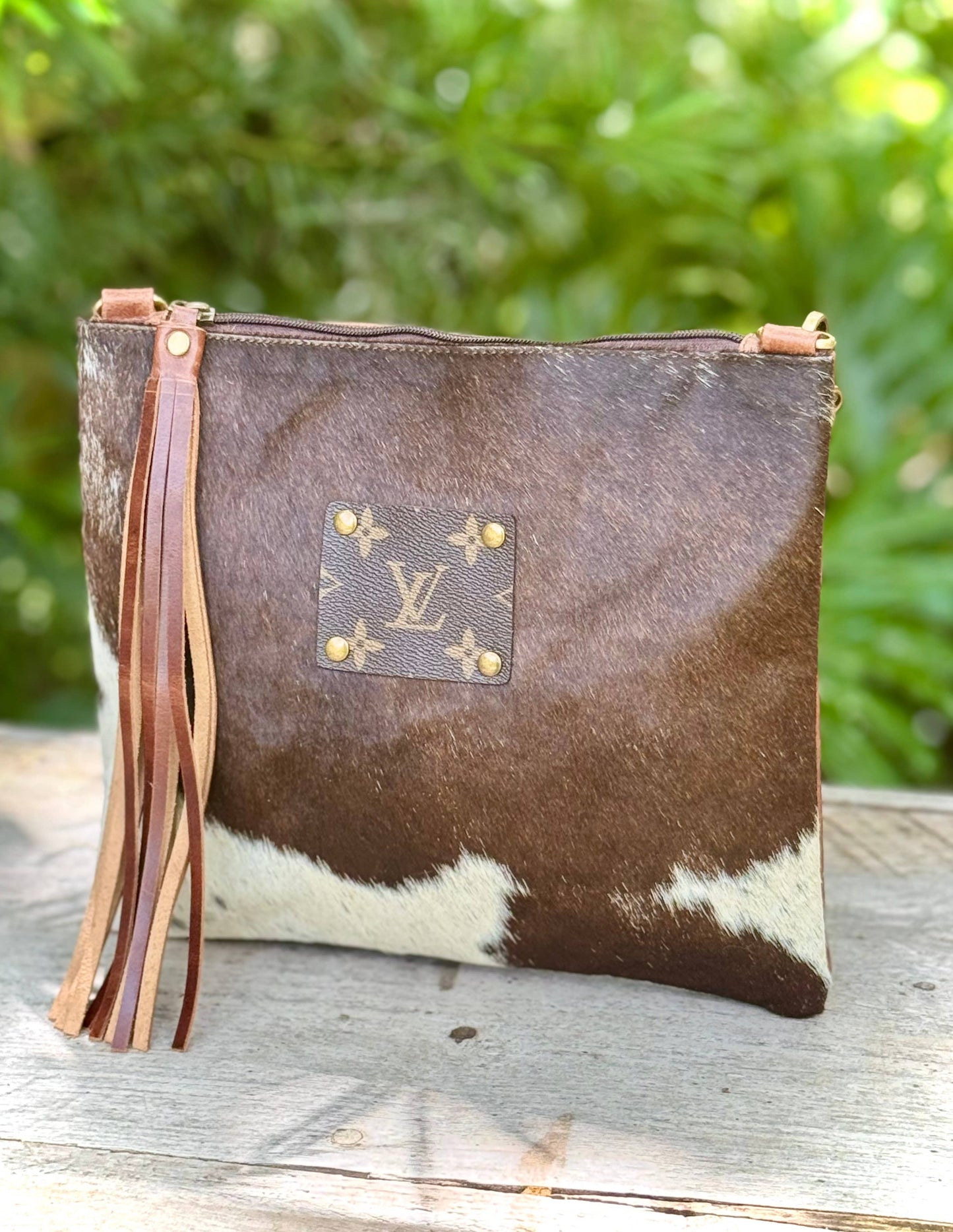 Upcycled LV Cowhide Leather Crossbody Bag Western