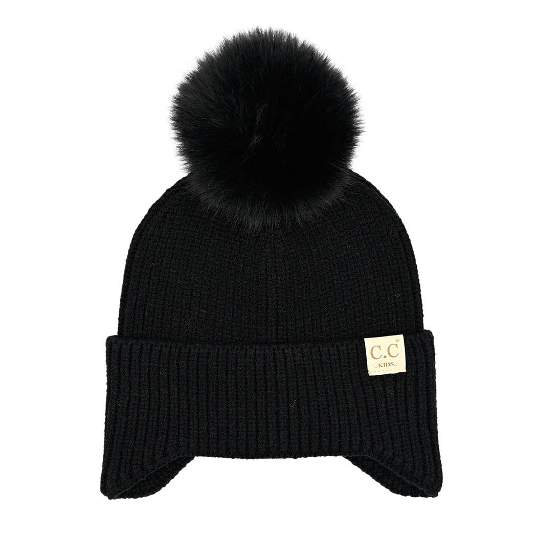 Kid's Ear Flap Solid Beanie with Pom Pom
