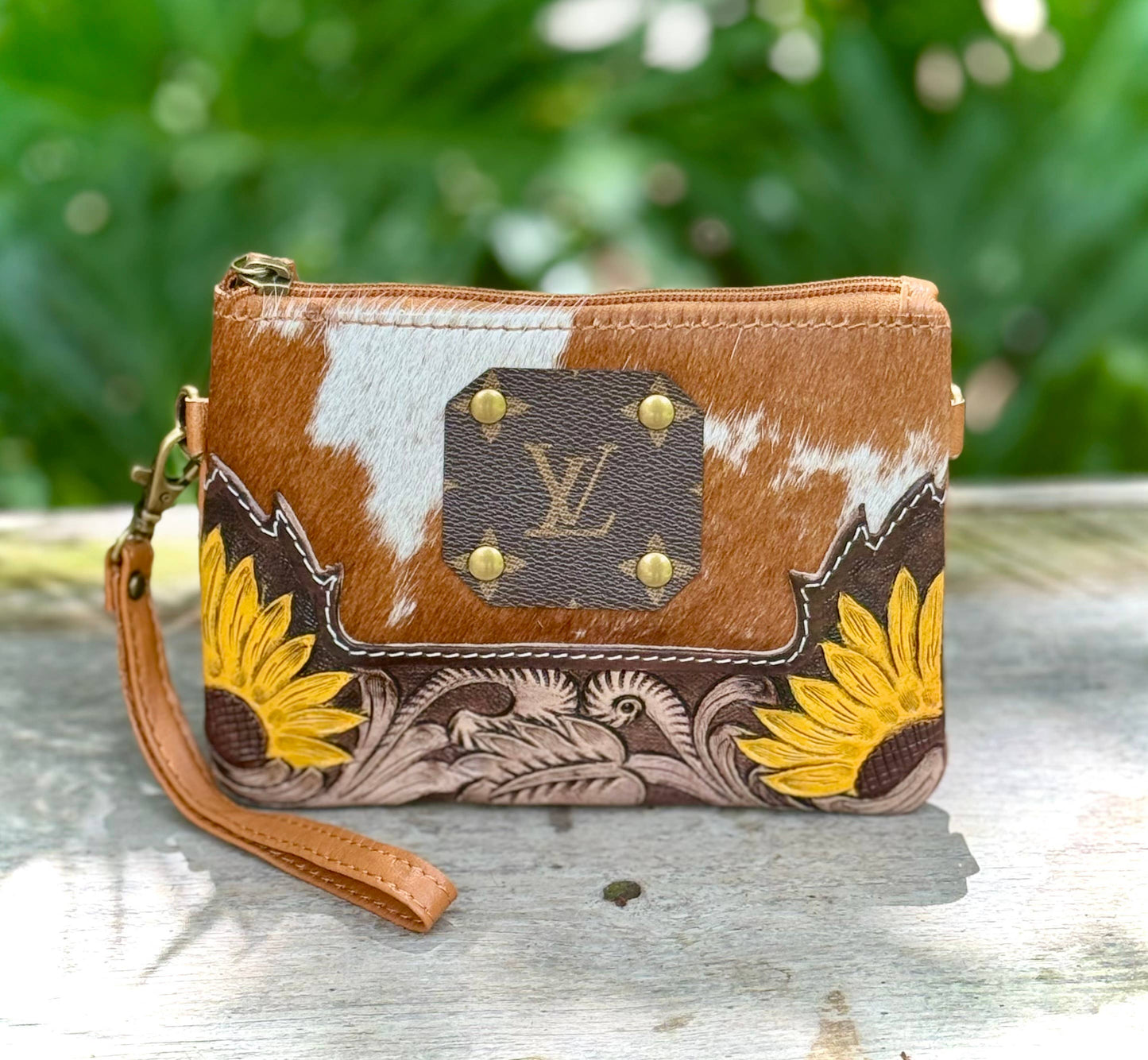 Upcycled LV Cowhide Leather Crossbody Wristlet Bag Western