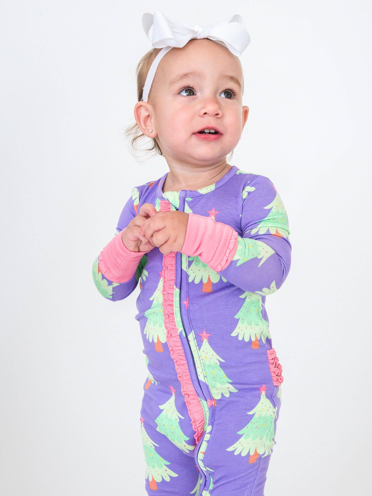 SoftSnooze™ Baby Girls Bamboo Viscose Purple Twinkling Trees Convertible Ruffle One Piece Footie Pajama