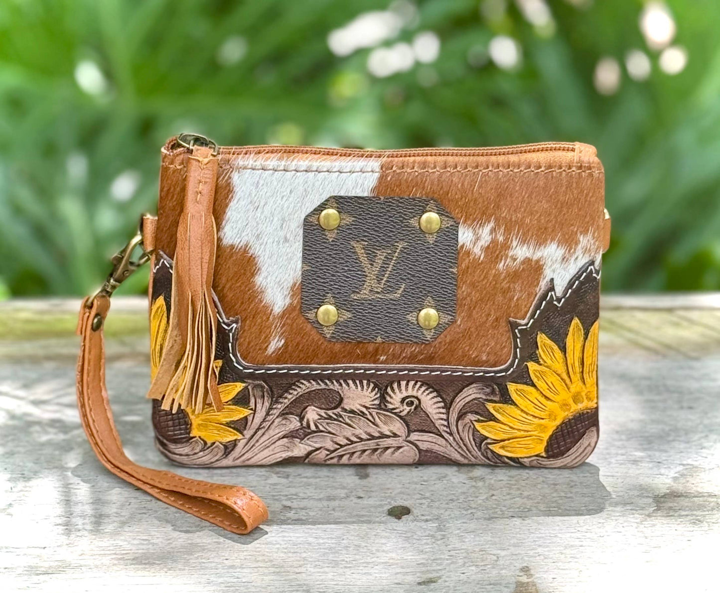 Upcycled LV Cowhide Leather Crossbody Wristlet Bag Western