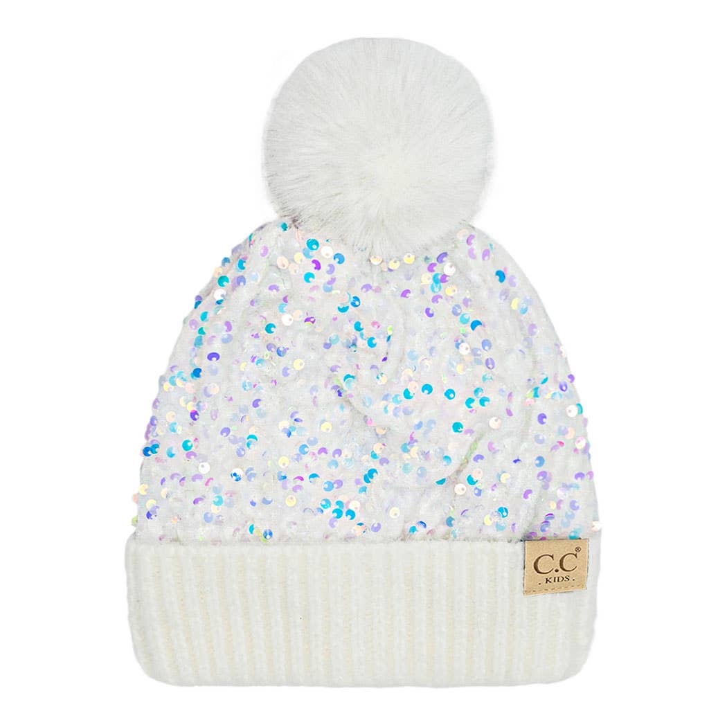 Kid's Glitter Sequined Beanie with Pom Pom