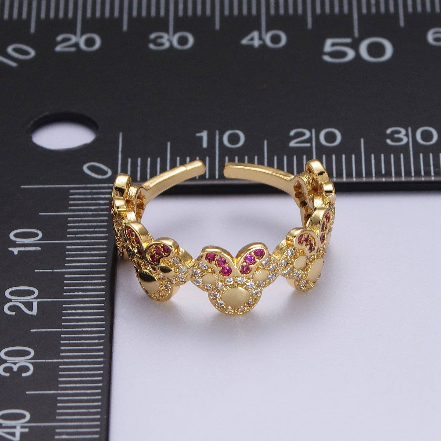 Dainty Cute Micro Pave Gold Bowed Mouse Adjustable Ring O184