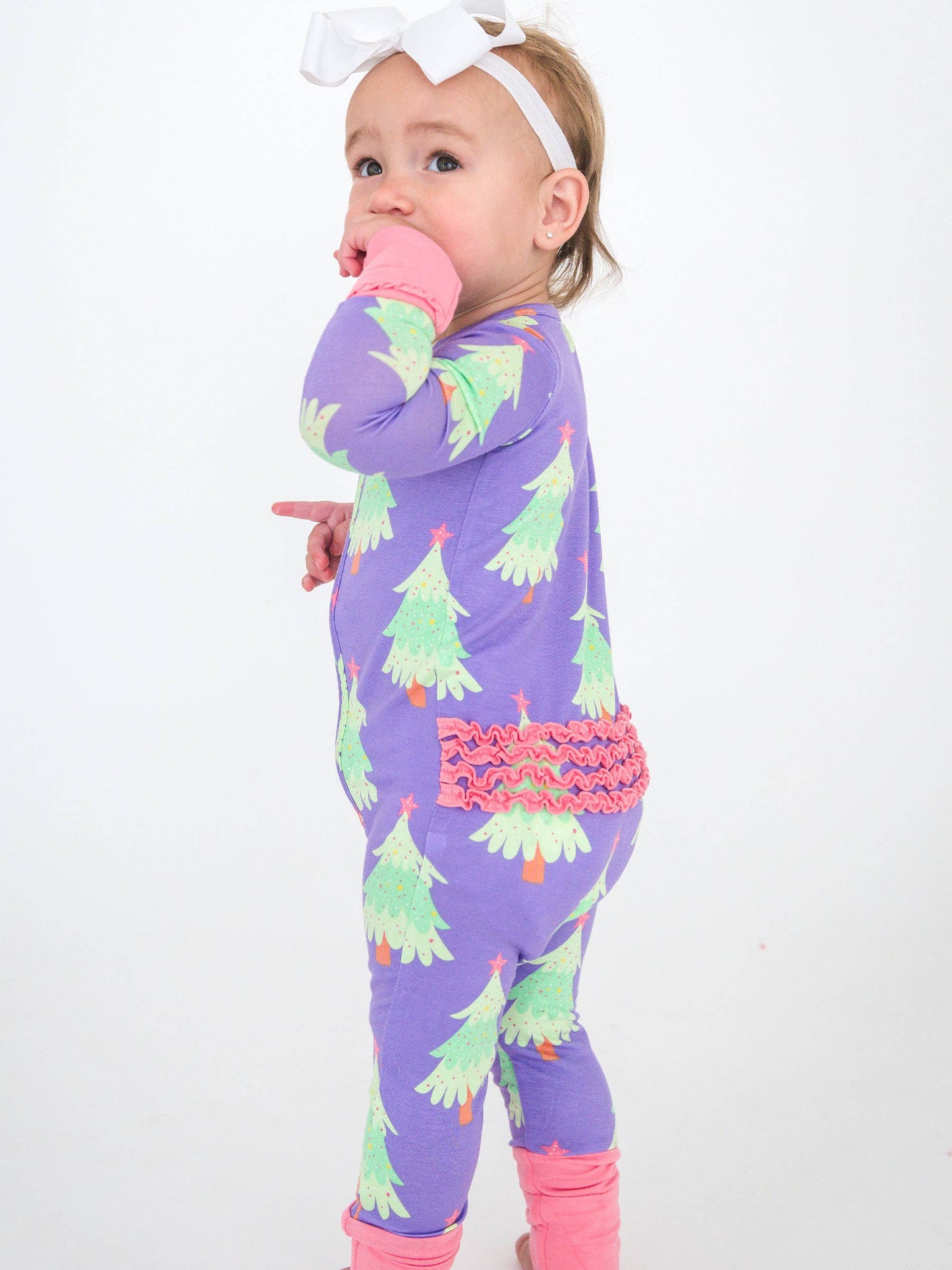 SoftSnooze™ Baby Girls Bamboo Viscose Purple Twinkling Trees Convertible Ruffle One Piece Footie Pajama