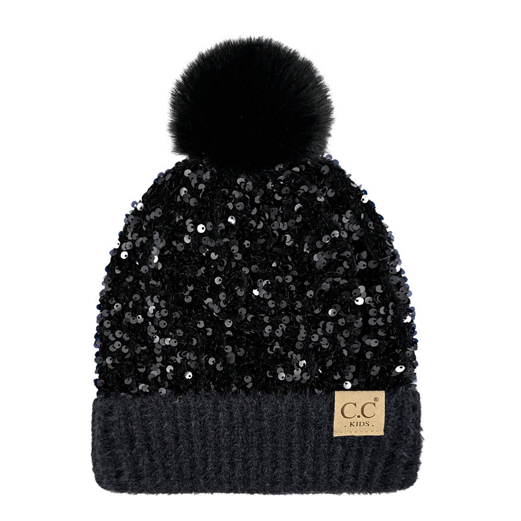 Kid's Glitter Sequined Beanie with Pom Pom