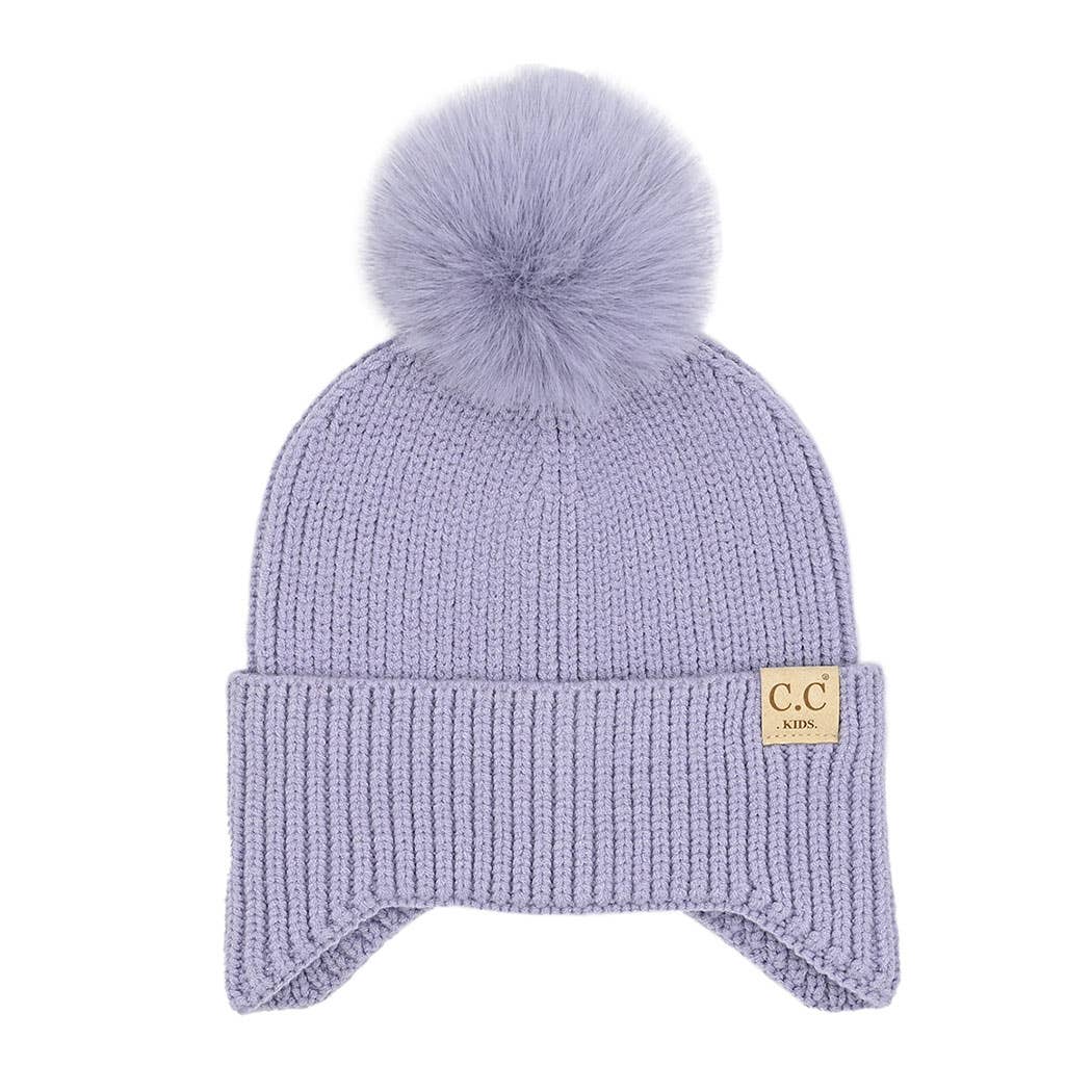 Kid's Ear Flap Solid Beanie with Pom Pom