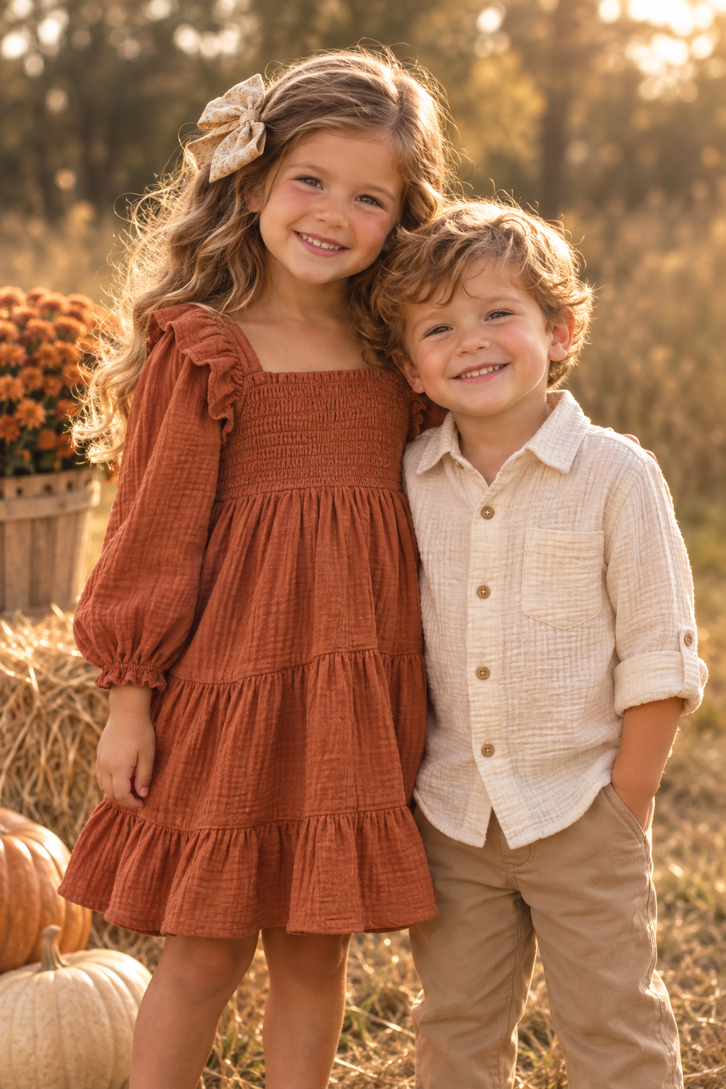Siblings in coordinated rust and cream fall outfits standing outdoors at golden hour