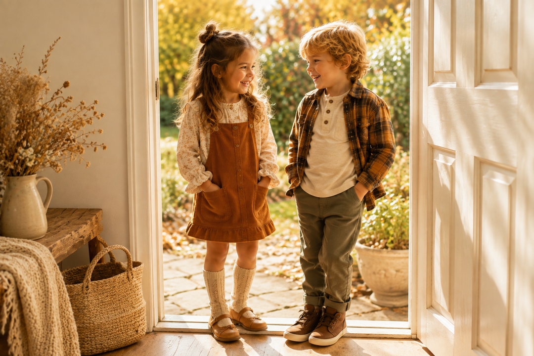 Two kids in cozy fall outfits standing together in warm natural light