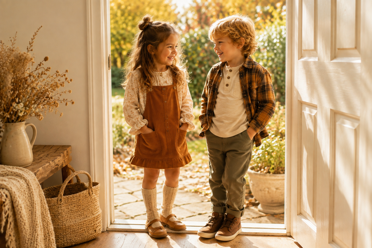 Two kids in cozy fall outfits standing together in warm natural light