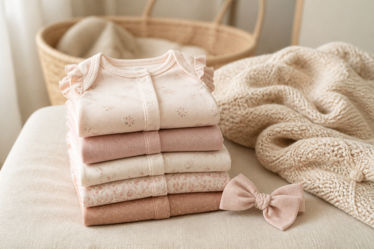 Folded pastel baby girl rompers, a bow, and a knit blanket on cream linen