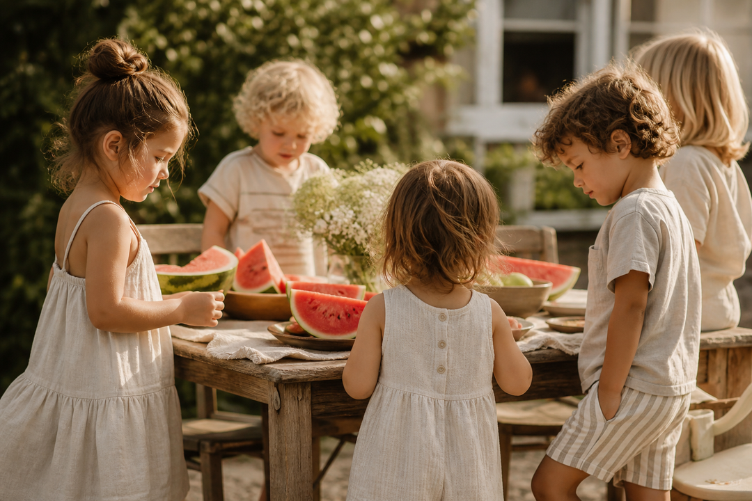 Children in soft summer clothing gathered around a backyard picnic table