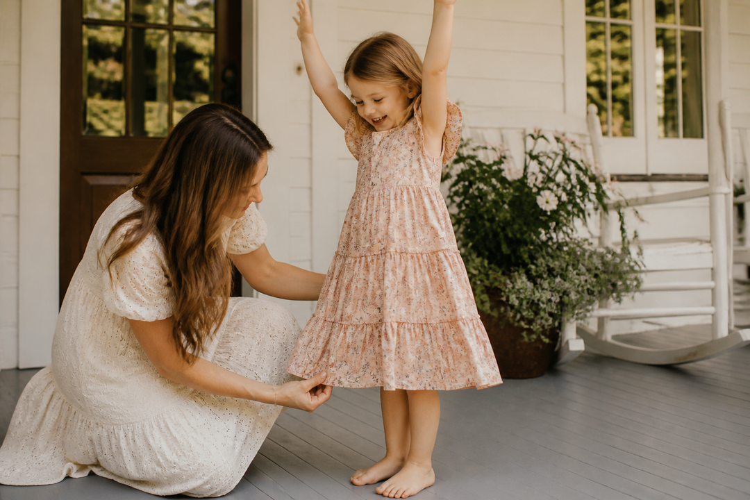 Mother checking the hem length of a girl's blush floral dress on a porch