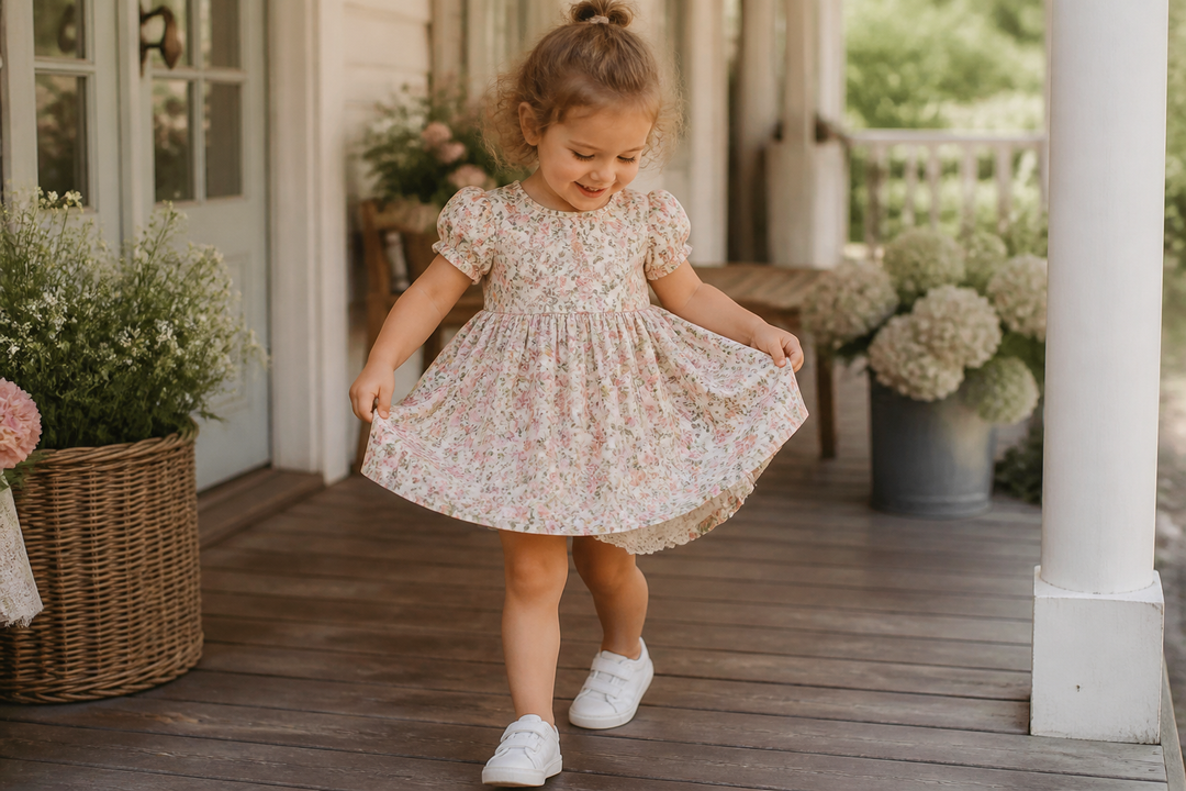 Toddler in floral dress and white sneakers standing on a wooden porch