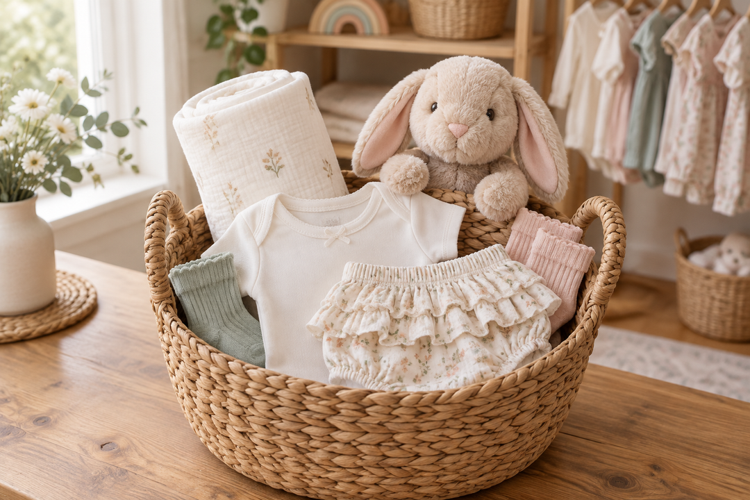 Baby gift basket with swaddle, plush bunny, bodysuit and socks