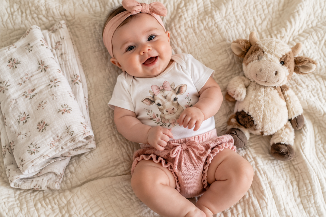 Baby in a white onesie and pink ruffle bloomers on a cream quilt with a swaddle and plush