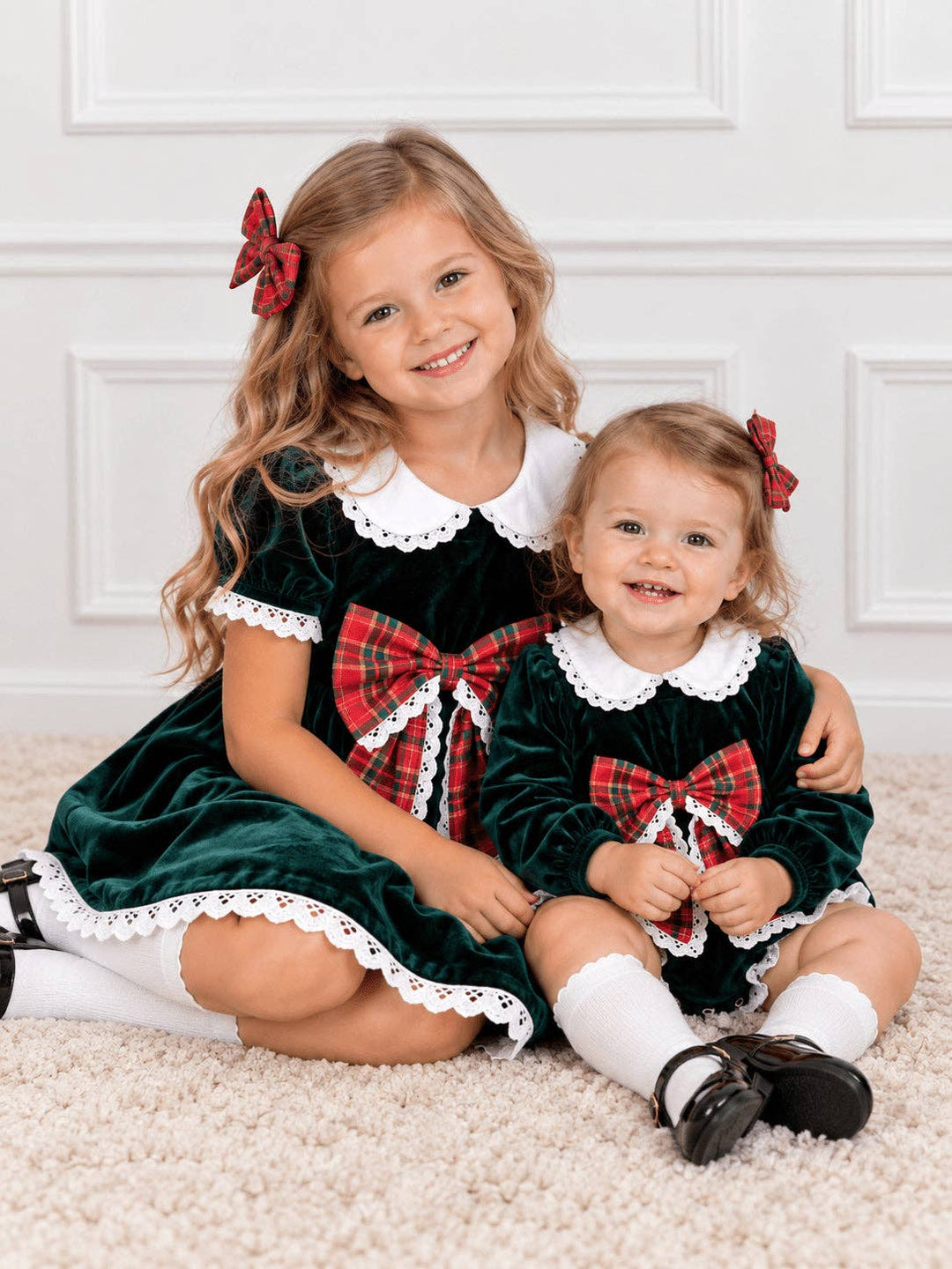 Plaid Bow Girls Velvet Christmas Dress