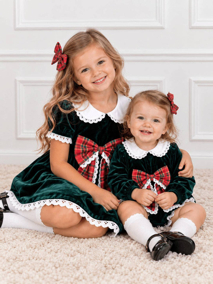 Plaid Bow Girls Velvet Christmas Dress