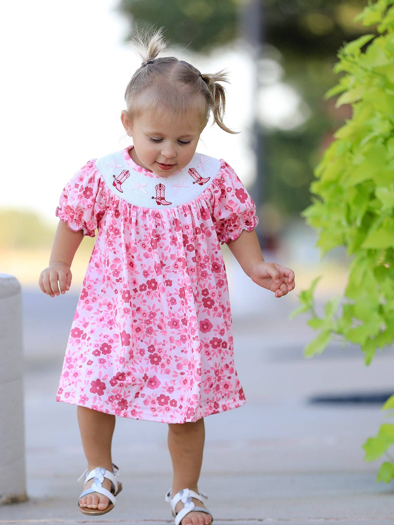 Boots Smocking Embroidered Short Sleeve Floral Dress
