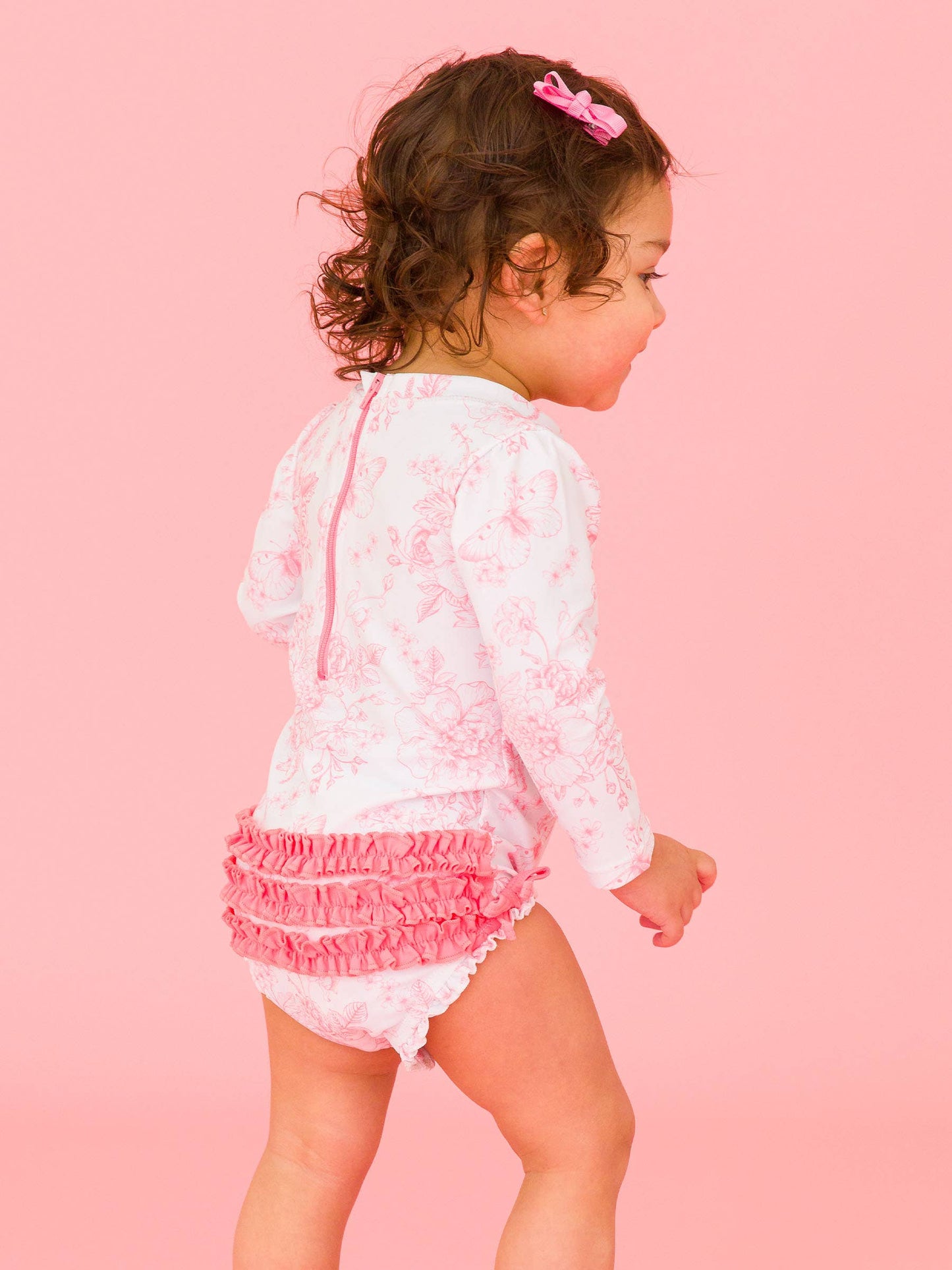 Baby Girls Bubblegum Pink Butterfly Garden Toile Long Sleeve One Piece Rash Guard Swimsuit with Signature Rear Ruffles