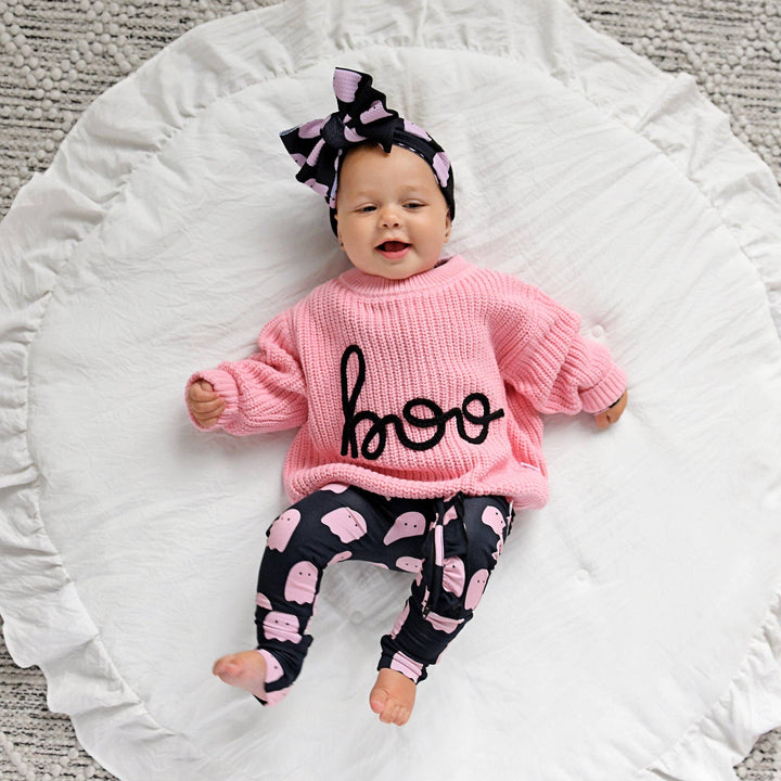 Suéter rosa Boo para Halloween para niños