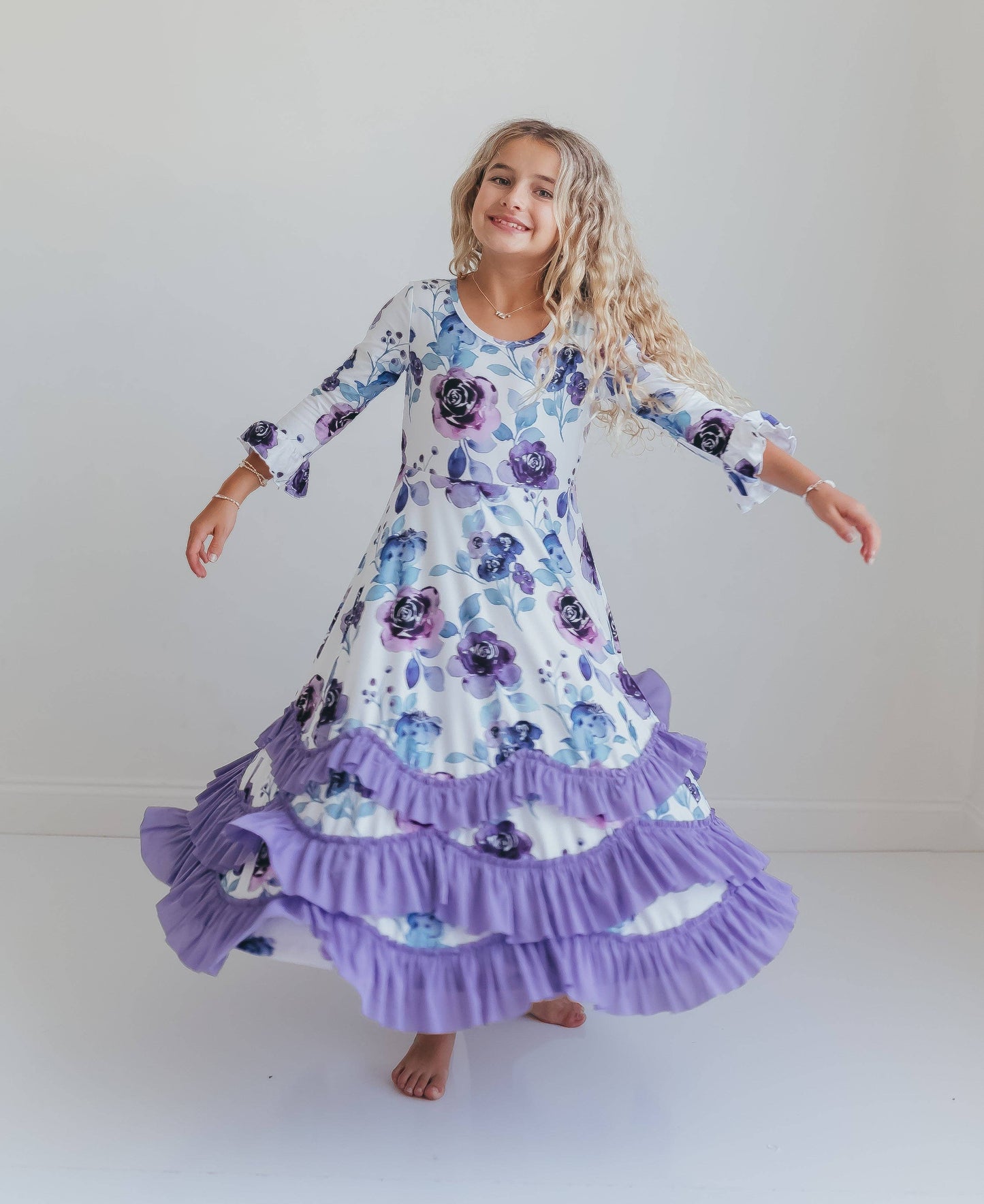 Girls Lavender Winter Floral Long Sleeve Ruffles Dress
