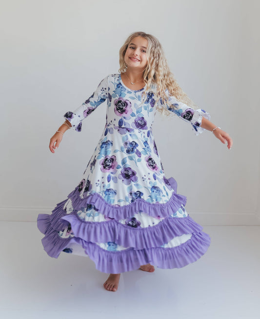 Girls Lavender Winter Floral Long Sleeve Ruffles Dress