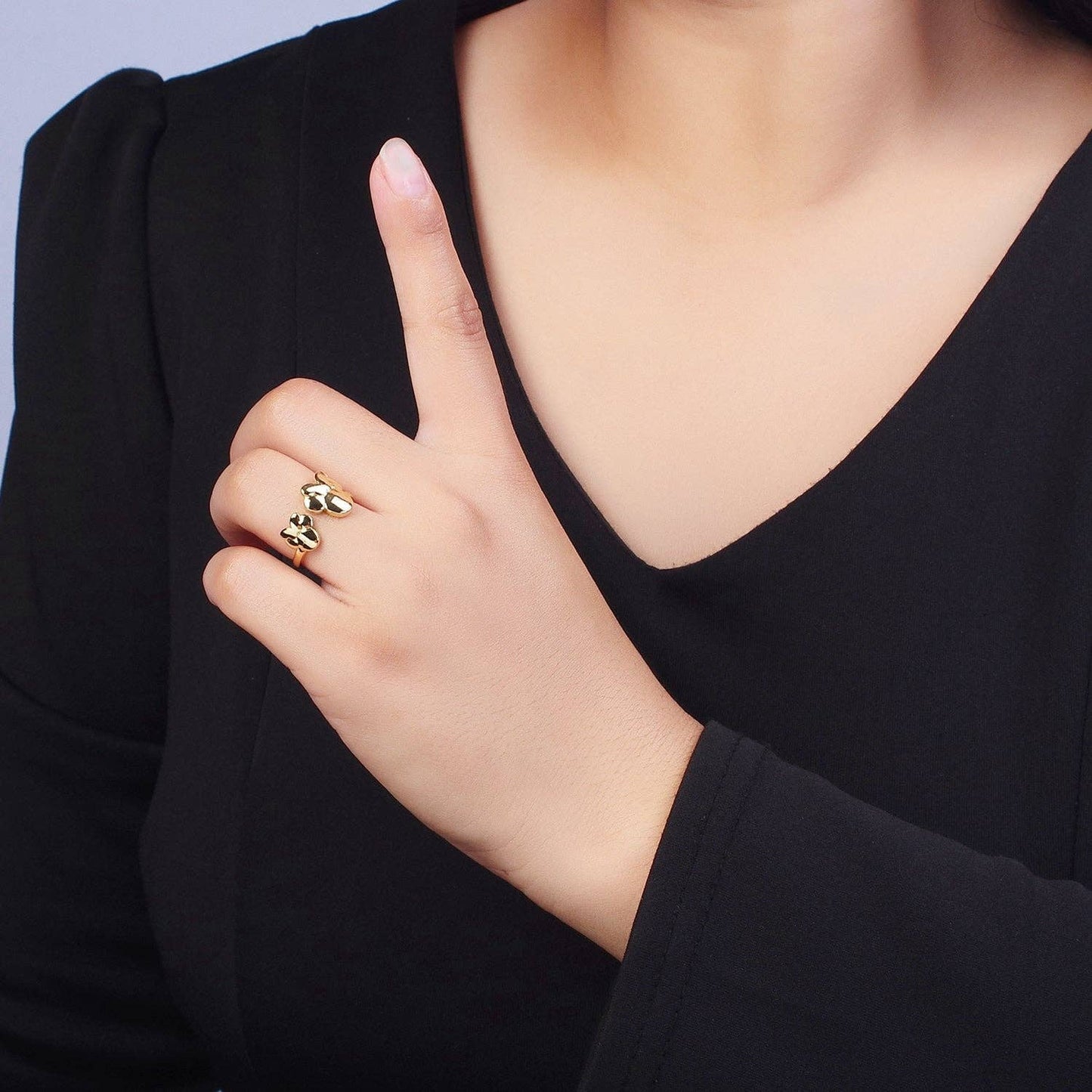 Double Bowed Mouse Open Adjustable Gold Minimalist Ring O183