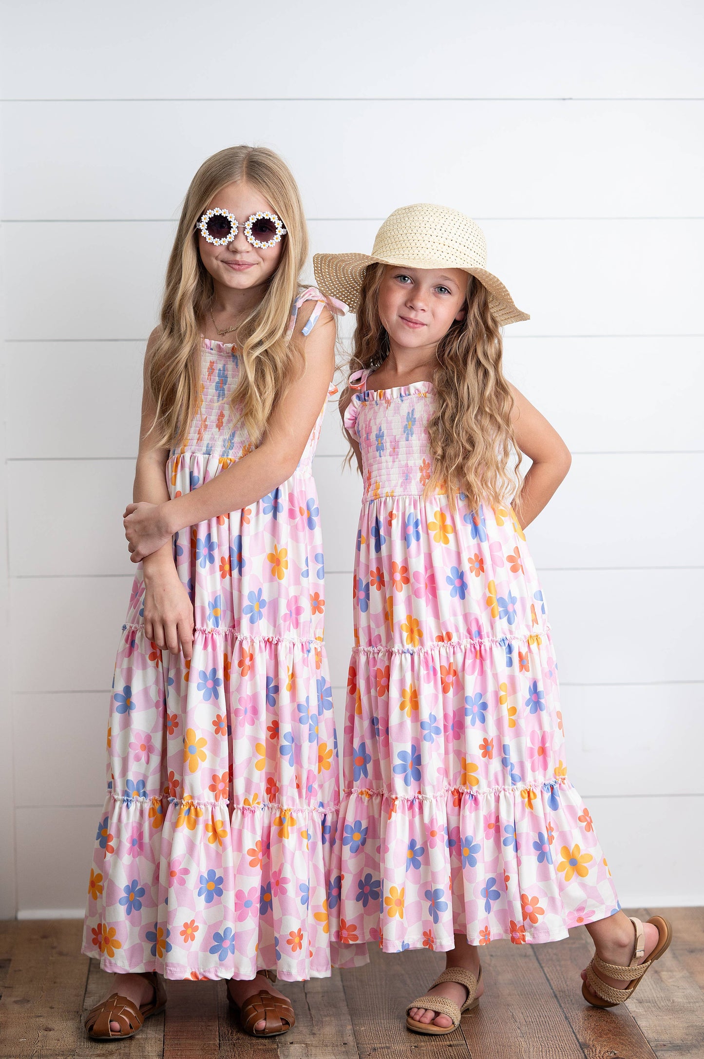 Girls Pink Retro Daisy Tiered Spring Summer Maxi Dress