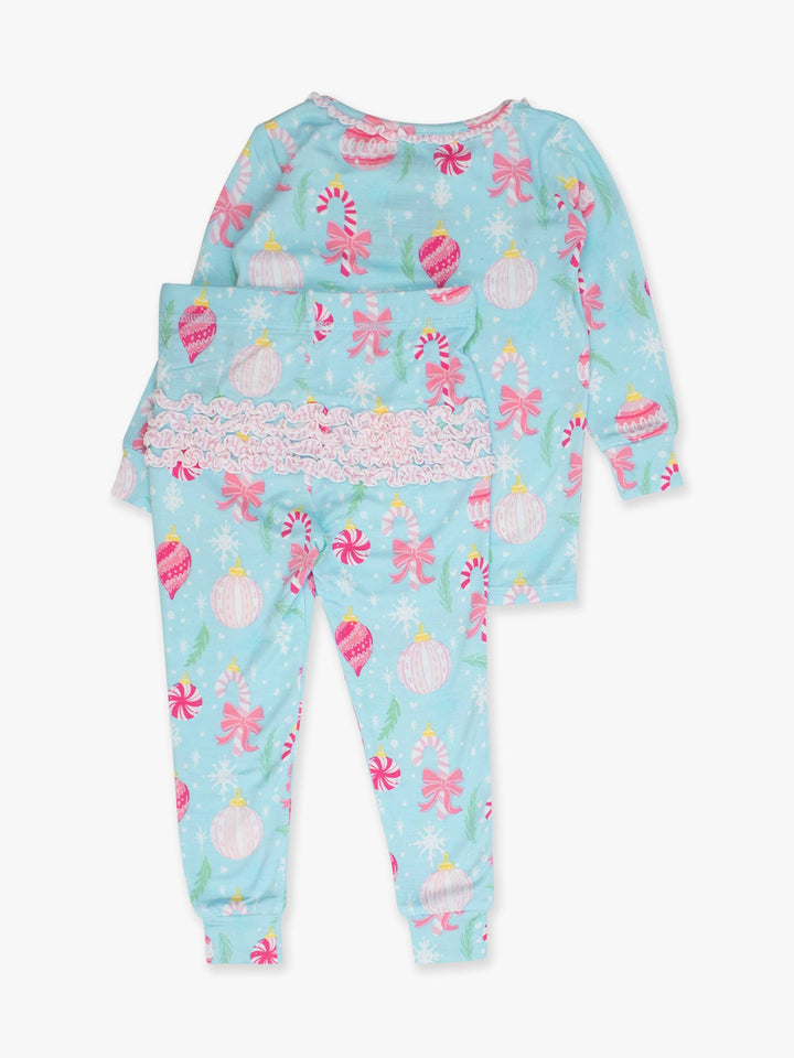 SoftSnooze™ Toddler Girls Bamboo Viscose Ornament Dreams Ruffle Long Sleeve Pajama Set with Signature Rear Ruffles